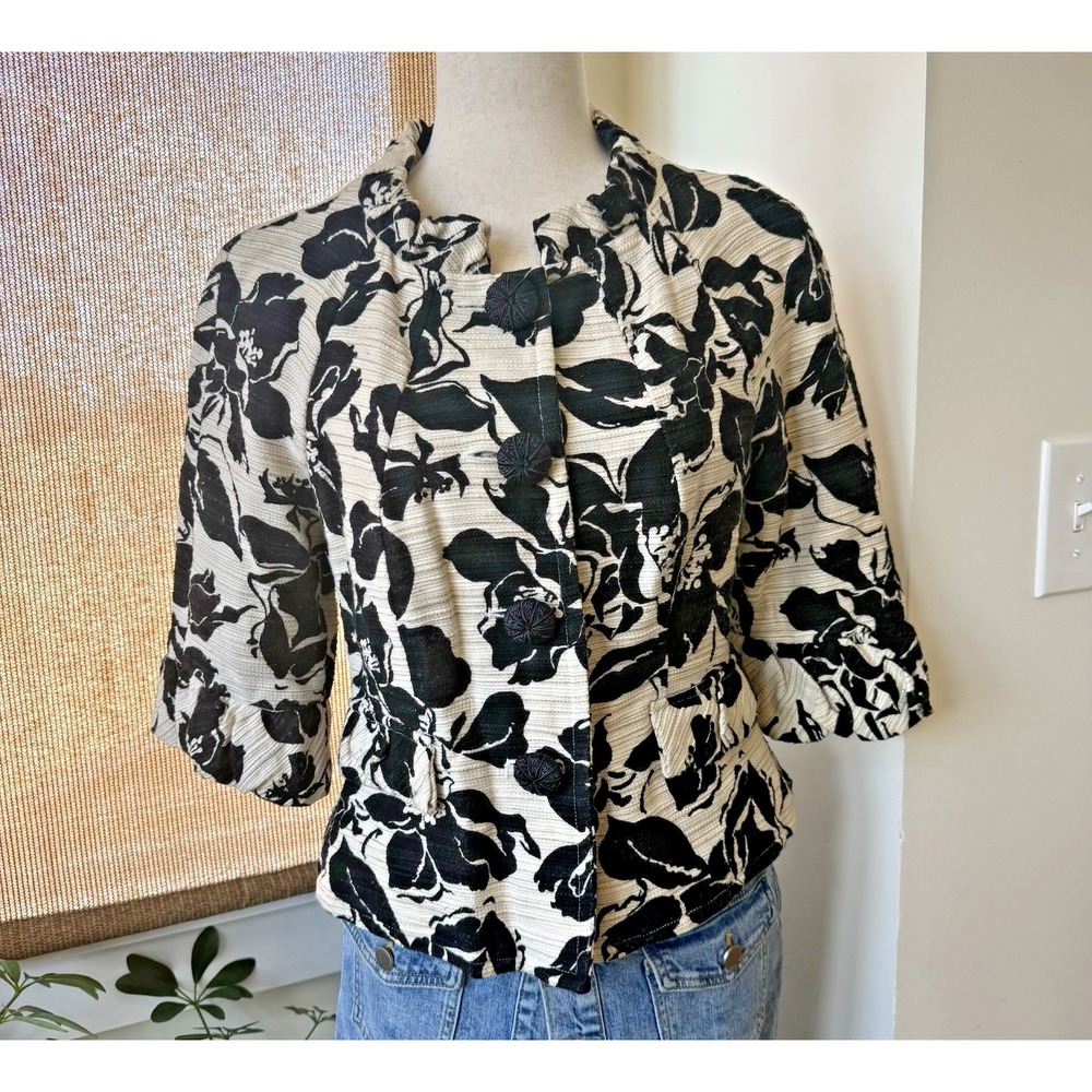 Eci New York Blazer Women Size 8 Black White Floral Linen Cotton Jacket Career